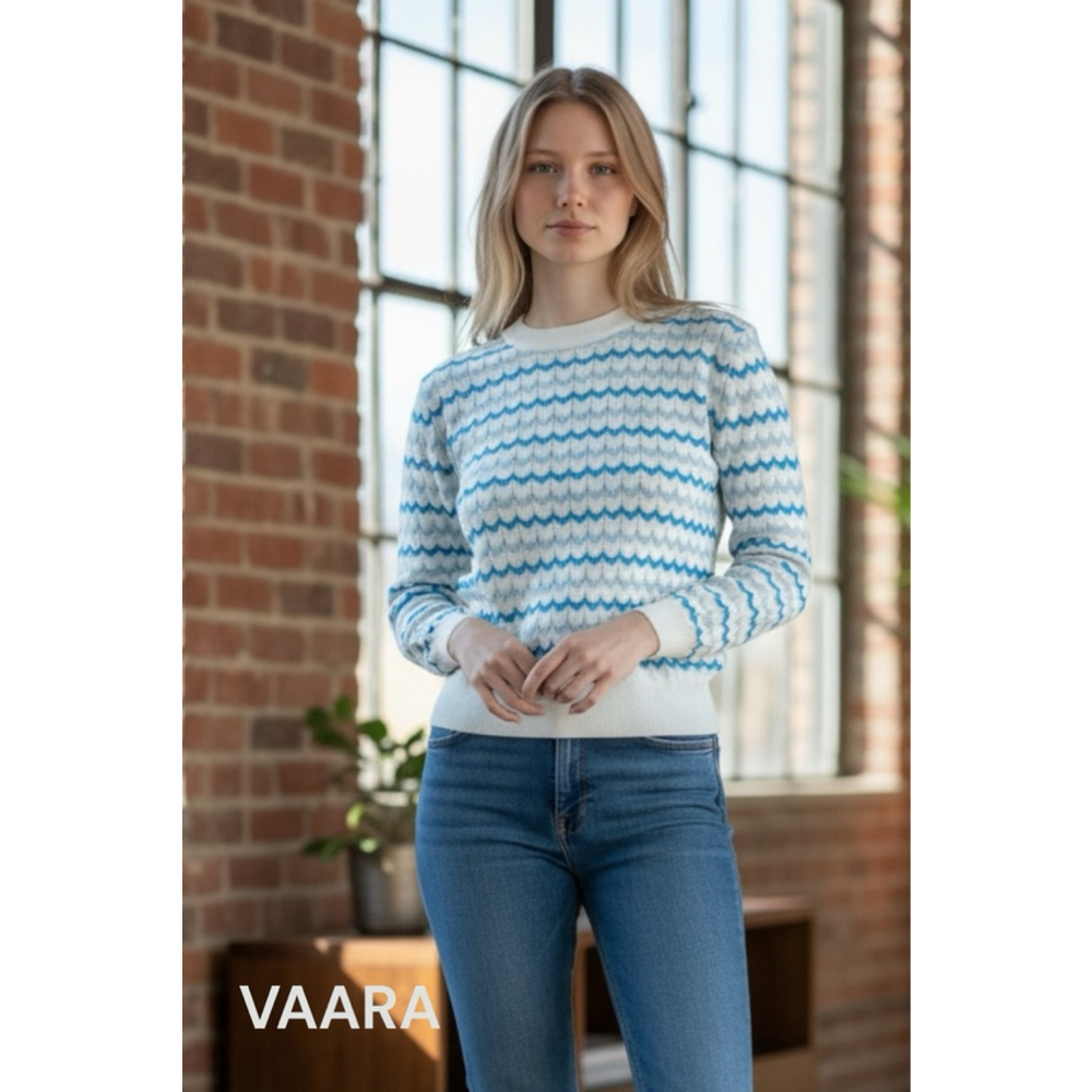 VAARA White & Blue Chevron Crew Neck Sweater Top